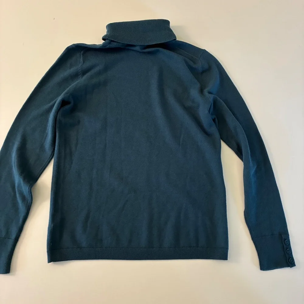 Talbots Petite Teal Blue Turtleneck Sweater‎ Button Cuff Cotton Modal Knit P